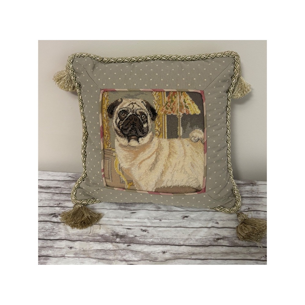123 Creations Pug Dog Needlepoint Pillow Wool Embroidery Tassel Trim 12x12 Sage